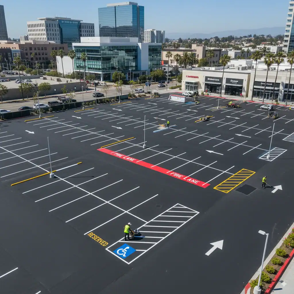 Freshly paved commercial parking lot with ADA handicap accessible spaces, fire lane markings, and workers painting new striping near office buildings and retail stores.