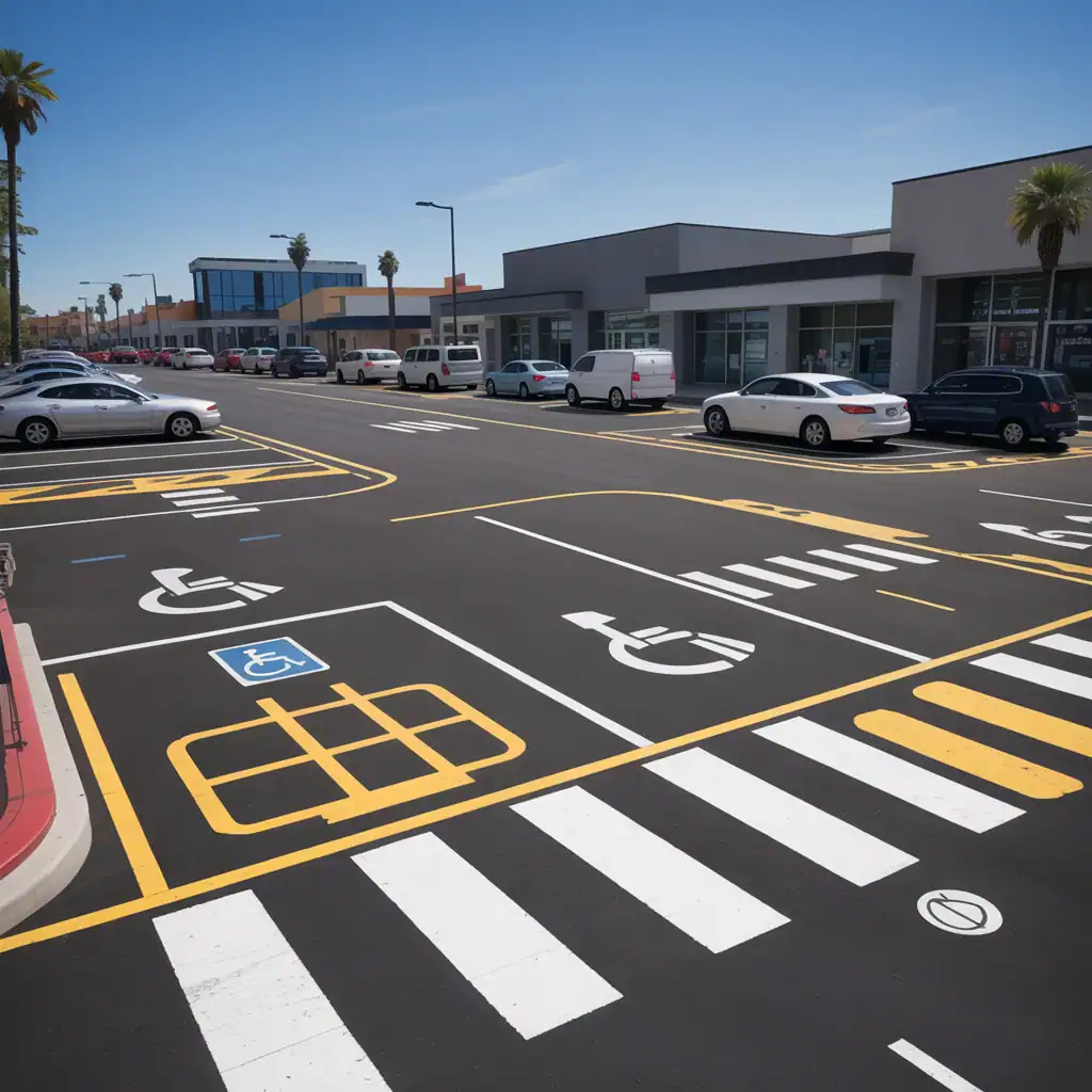 Freshly painted ADA-compliant parking lot striping with handicap parking spaces, crosswalk markings, and asphalt pavement at a commercial shopping center in Huntington Beach.