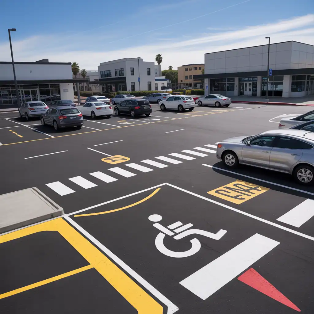 Professionally striped parking lot in Los Angeles: ADA spaces, crosswalks, vehicles, retail buildings, palm trees.