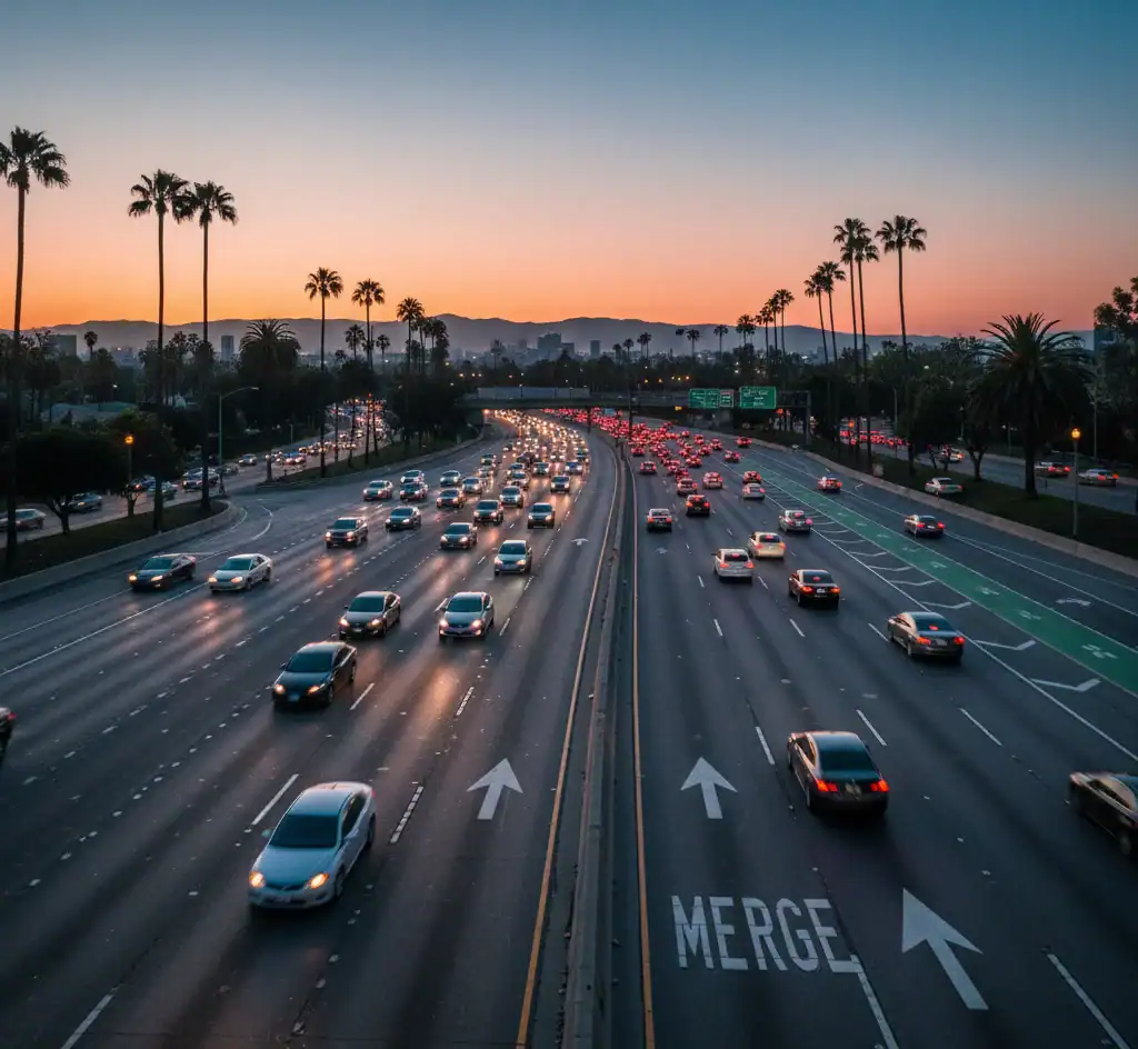 An LA highway at sunset. Clear white lines, arrows, and "MERGE" text guide traffic. Green bike lane present.